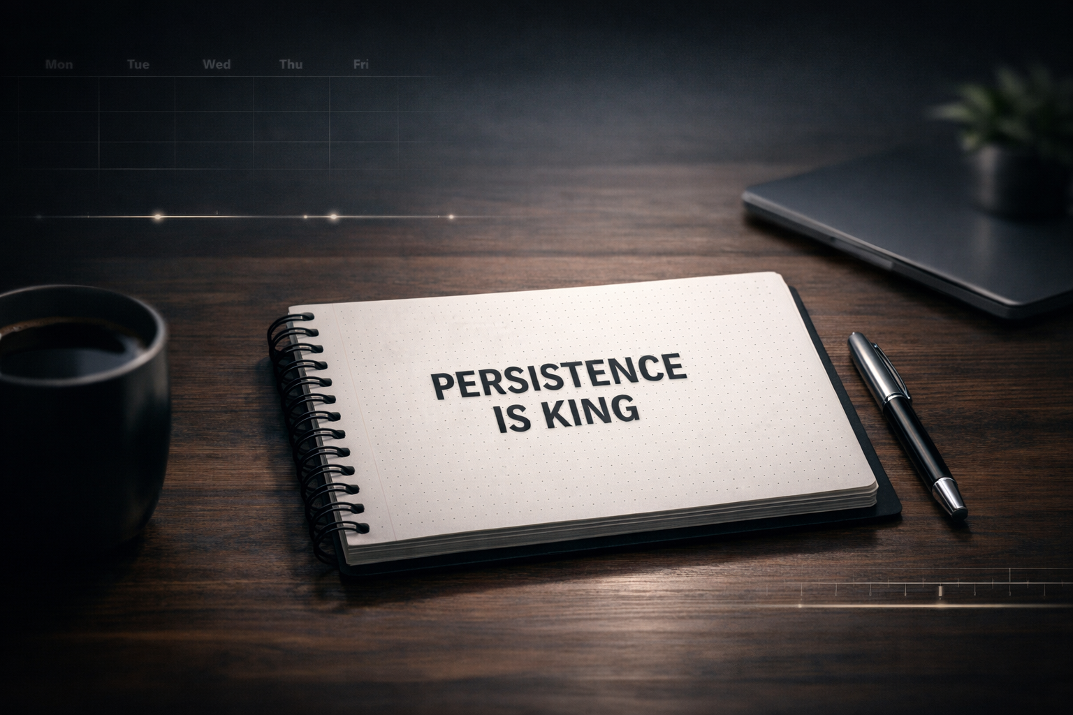 “Persistence Is King” handwritten on a notepad beside a simple calendar and a wrench