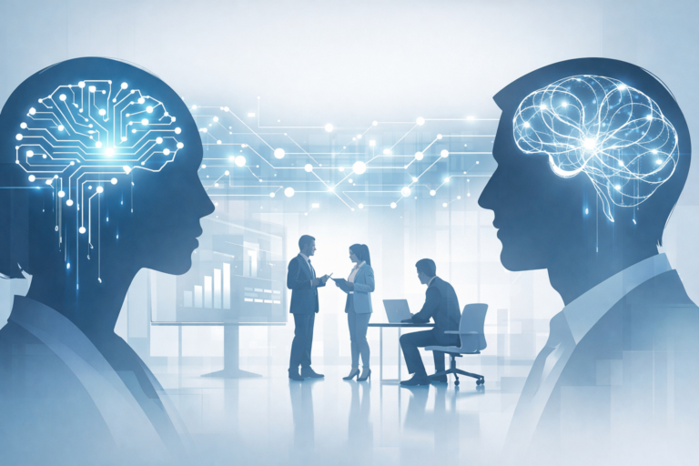 Editorial hero image showing the convergence of AI and human intelligence in a modern professional setting with digital brain graphics and human silhouettes.
