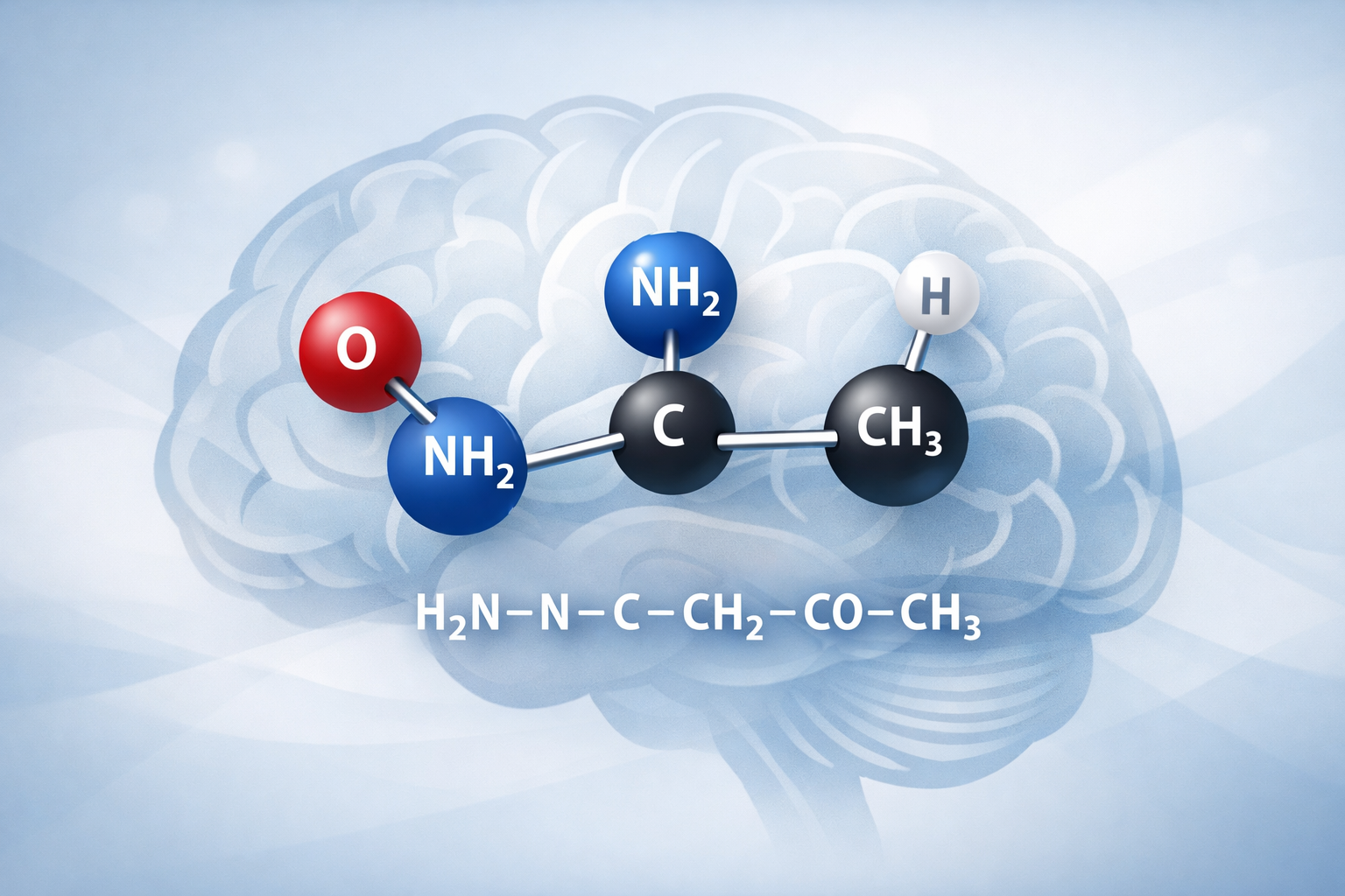 Stylized molecular structure of creatine with an abstract brain background in a clean editorial style