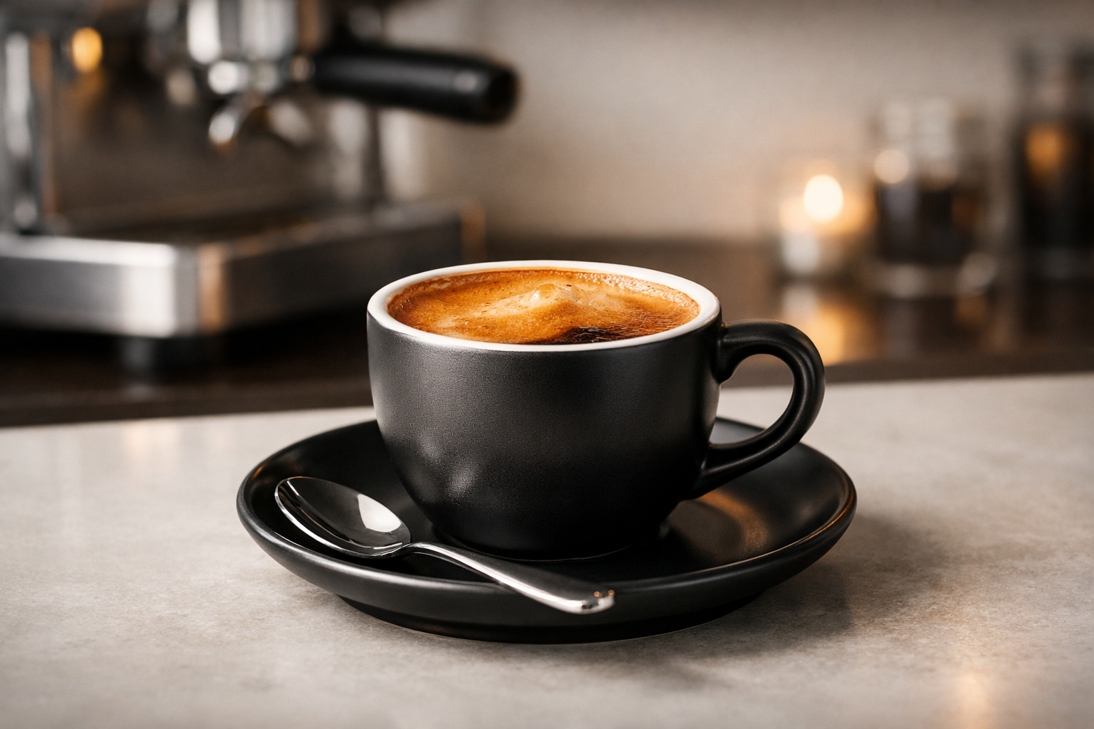 Close-up of a freshly pulled espresso shot with rich crema in a modern café setting