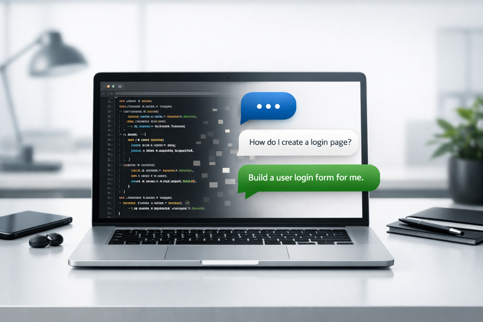 Modern workspace showing transformation from code to natural language conversation in software development