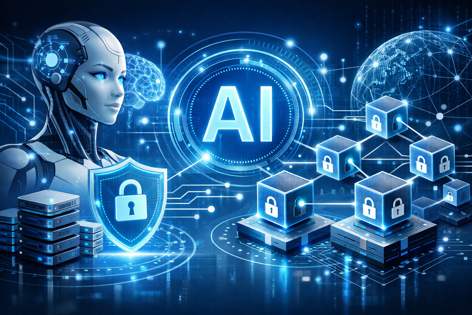 Modern editorial hero image illustrating AI intelligence with blockchain and secure data networks.