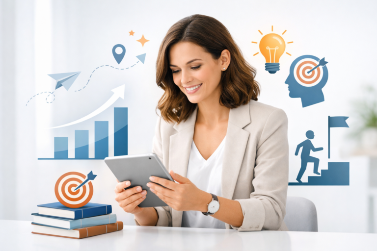 Professional person using technology for personal development with digital growth icons