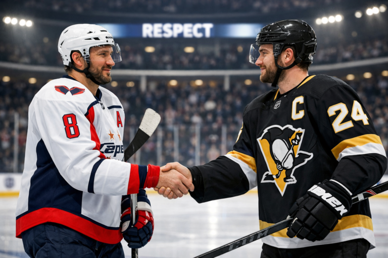 Two hockey players shaking hands on the ice demonstrating sportsmanship after a game in a professional arena.