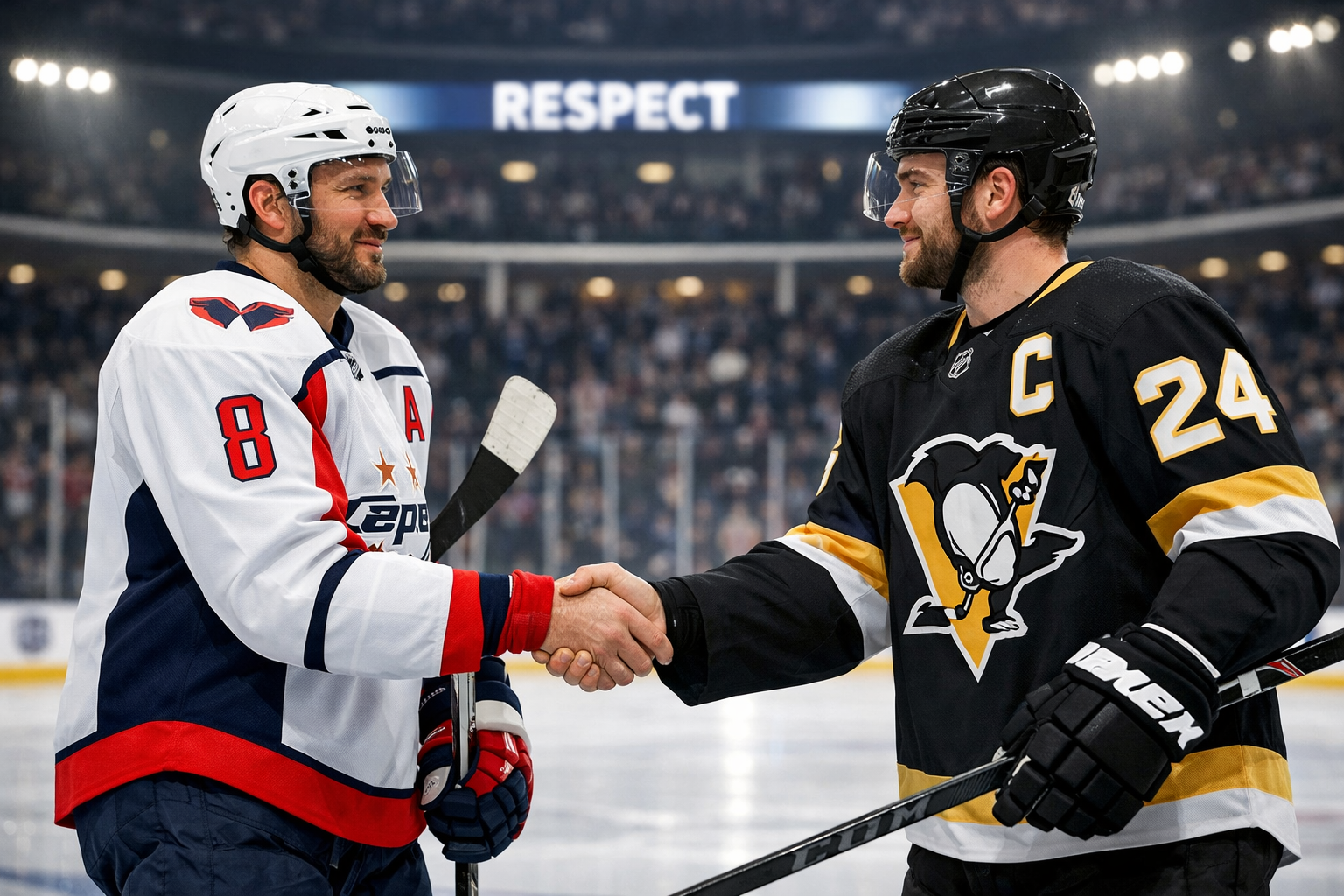 Two hockey players shaking hands on the ice demonstrating sportsmanship after a game in a professional arena.