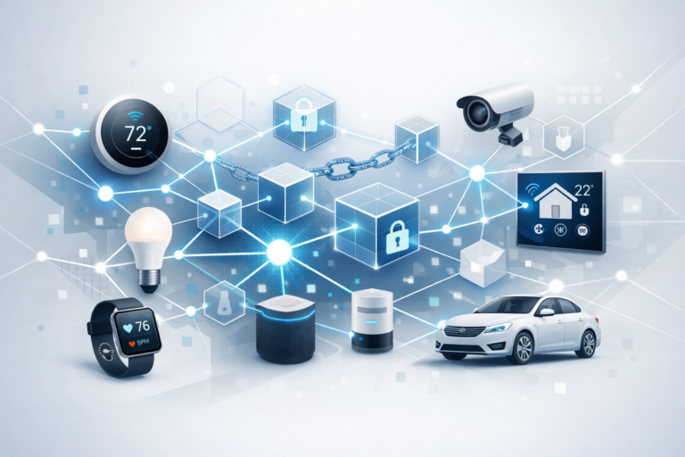Abstract digital network illustrating IoTeX blockchain integration with Internet of Things devices in a clean, modern style