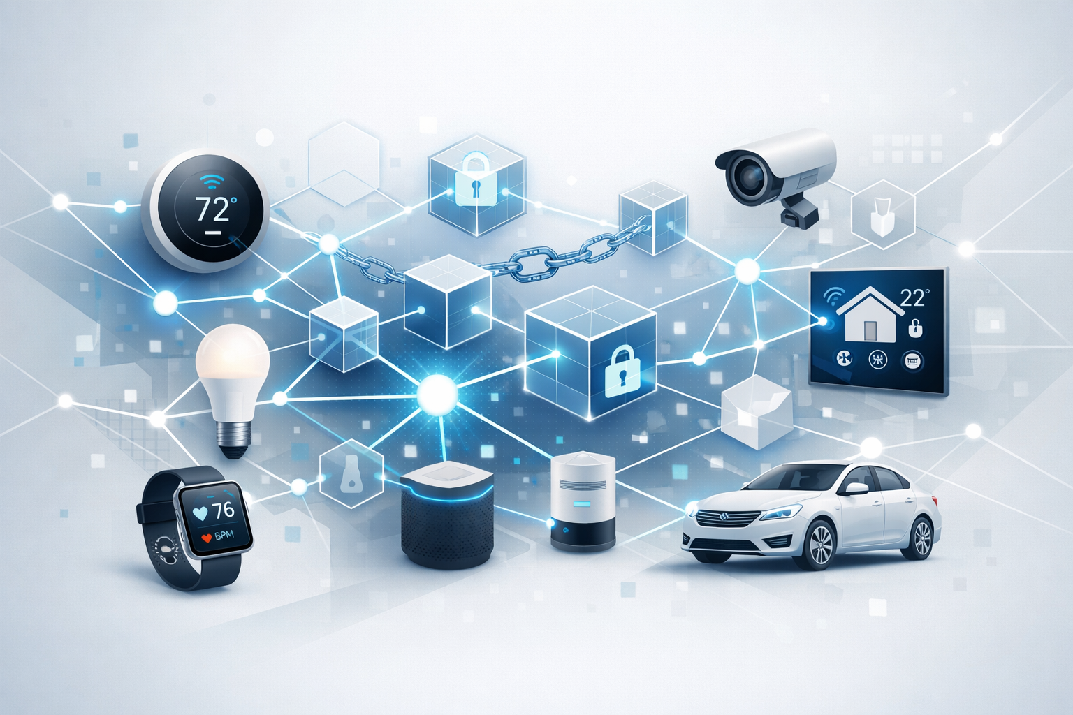 Abstract digital network illustrating IoTeX blockchain integration with Internet of Things devices in a clean, modern style