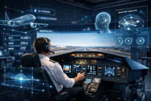 Modern pilot training simulator enhanced with AI technology displaying digital flight data in a professional training environment.