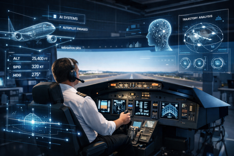 Modern pilot training simulator enhanced with AI technology displaying digital flight data in a professional training environment.