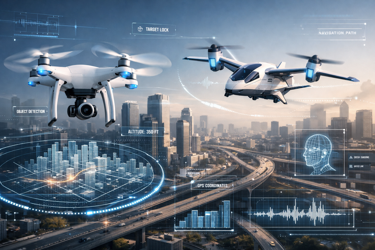 Modern autonomous drone and aircraft flying over a city with AI data visualization overlays.