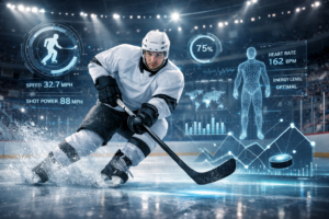 Professional ice hockey player on ice with digital AI data overlays representing advanced analytics and performance tracking.