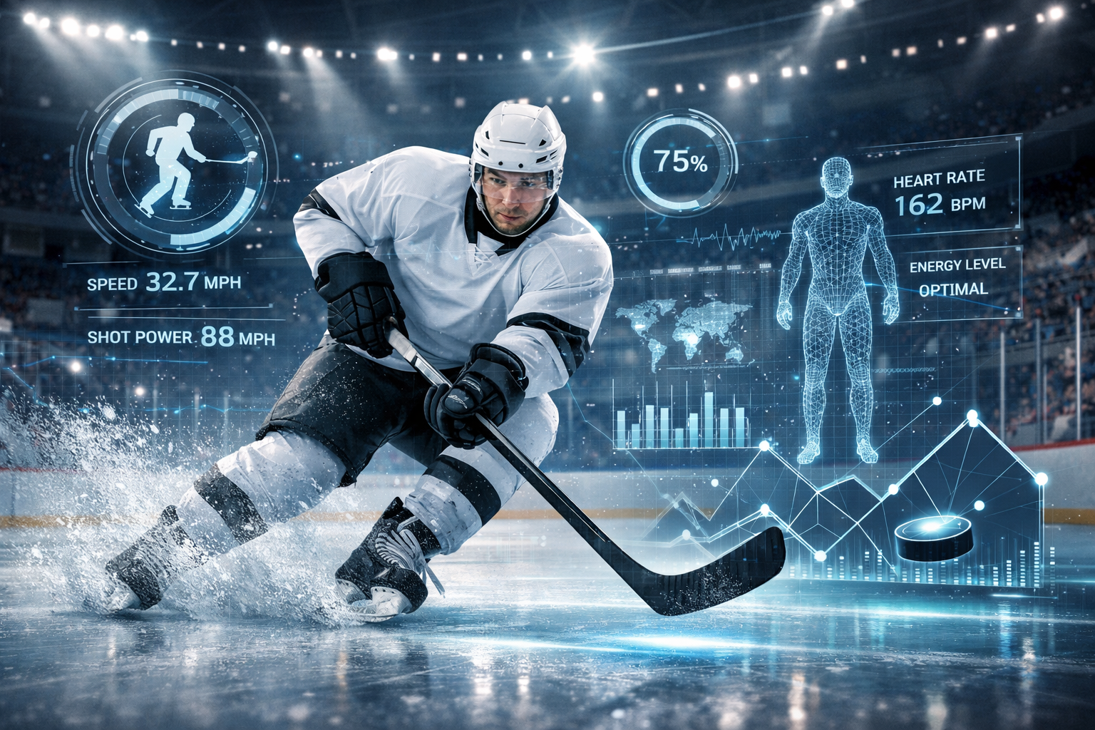 Professional ice hockey player on ice with digital AI data overlays representing advanced analytics and performance tracking.