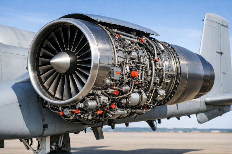 TF34 turbofan engine installed on A-10 Thunderbolt II aircraft, clean and professional editorial style