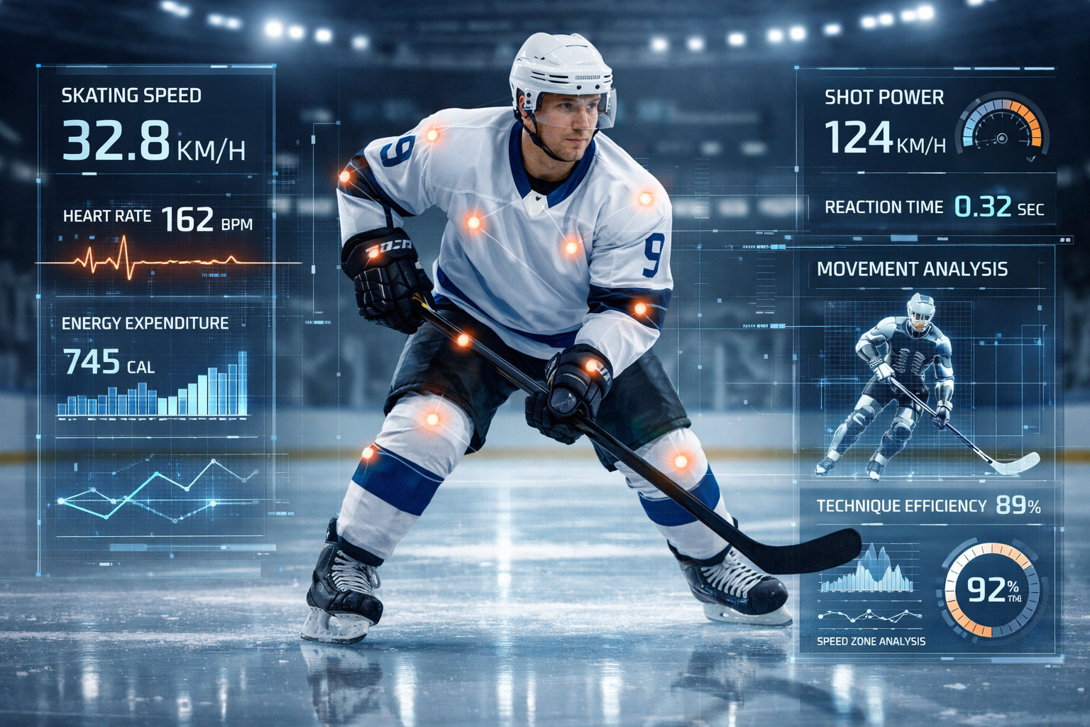 Professional ice hockey player wearing wearable sensors with digital AI data overlay during training on ice rink