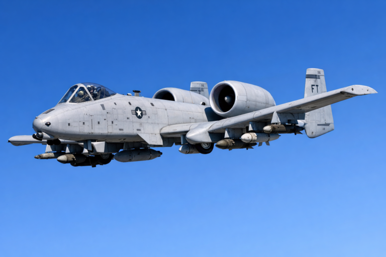 A-10 Thunderbolt II flying in clear blue sky, showcasing its rugged design and twin engines