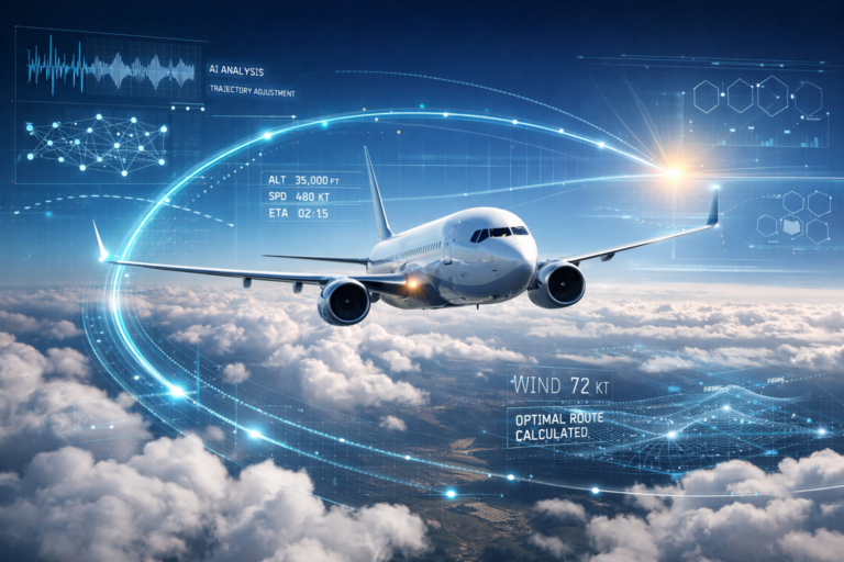 Modern commercial airplane flying with digital flight path optimization graphics overlay