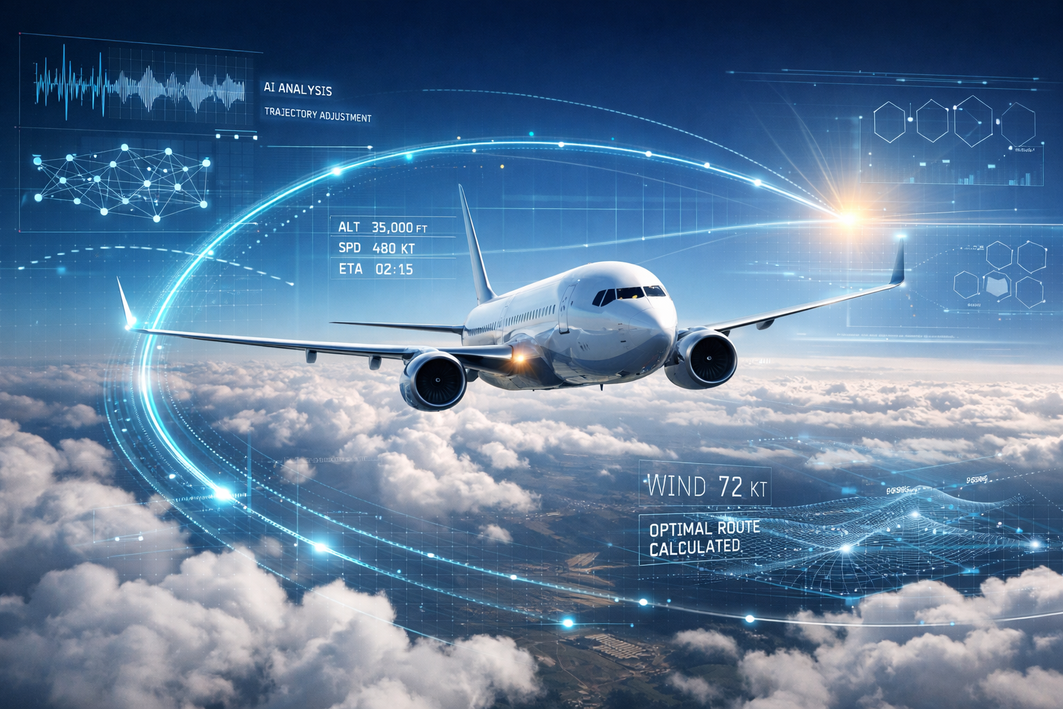 Modern commercial airplane flying with digital flight path optimization graphics overlay