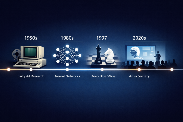 Editorial hero image showing a timeline of AI history milestones with modern and professional design elements.