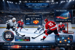 Modern hockey game scene with AI data overlays illustrating predictive analytics enhancing fan experience