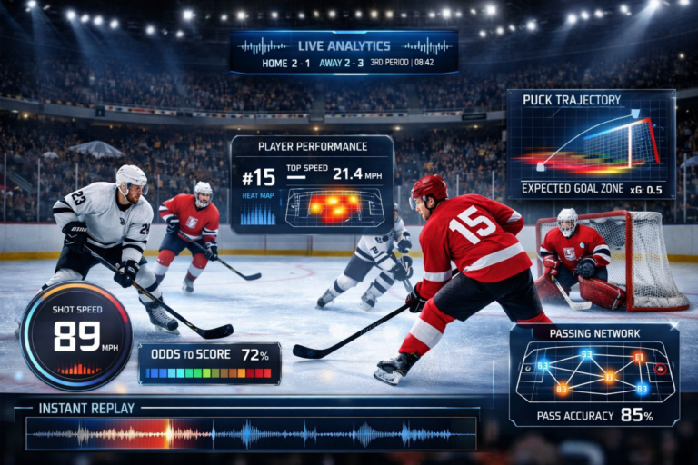Modern hockey game scene with AI data overlays illustrating predictive analytics enhancing fan experience