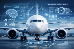 Modern commercial aircraft with digital data overlays illustrating AI predictive maintenance technology.