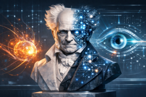 Editorial hero image combining Arthur Schopenhauer's bust with digital neural network elements symbolizing AI and cognitive science.