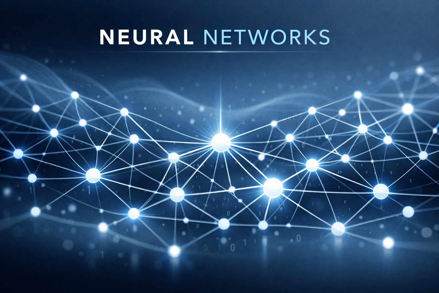 Modern illustration of neural networks with interconnected nodes and lines in a professional, clean style.