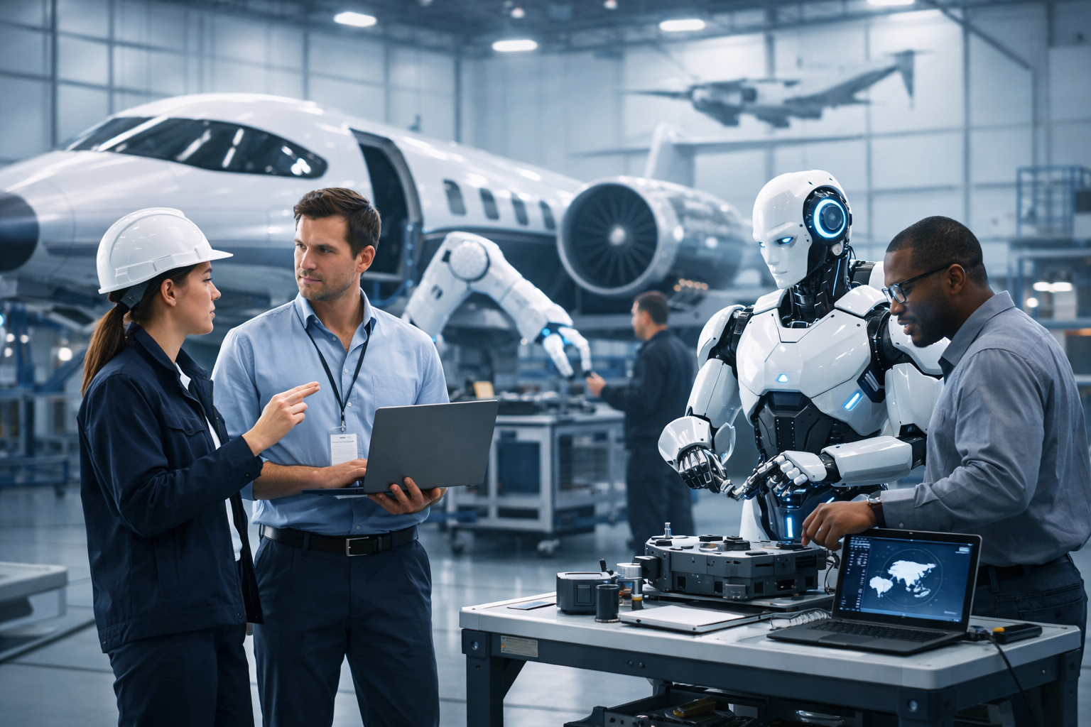 Futuristic aerospace scene showing human engineers working alongside AI robotic systems in a modern facility