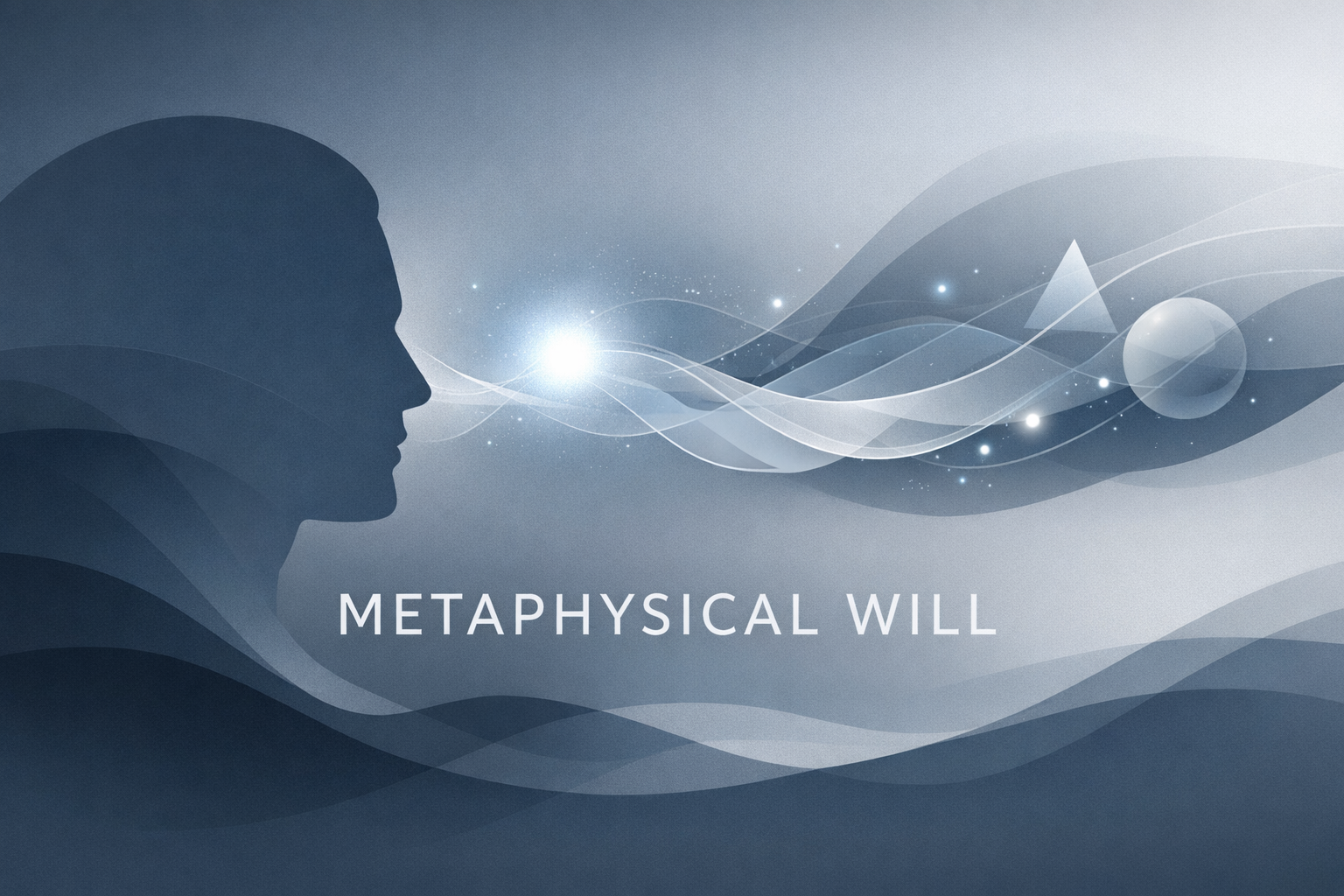 Abstract editorial hero image representing metaphysical will with minimalist blue and gray tones.
