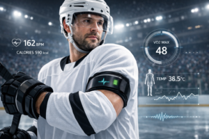 Professional ice hockey player wearing AI-powered wearable device with digital biometric data overlay in modern arena