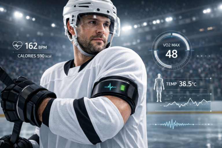 Professional ice hockey player wearing AI-powered wearable device with digital biometric data overlay in modern arena