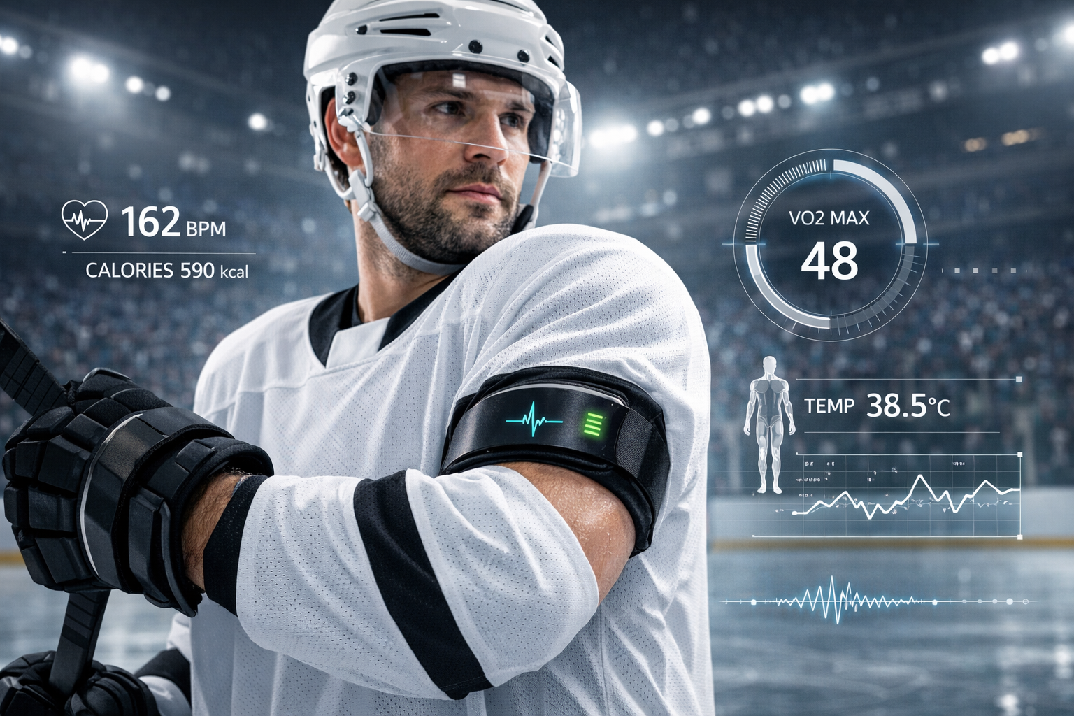 Professional ice hockey player wearing AI-powered wearable device with digital biometric data overlay in modern arena