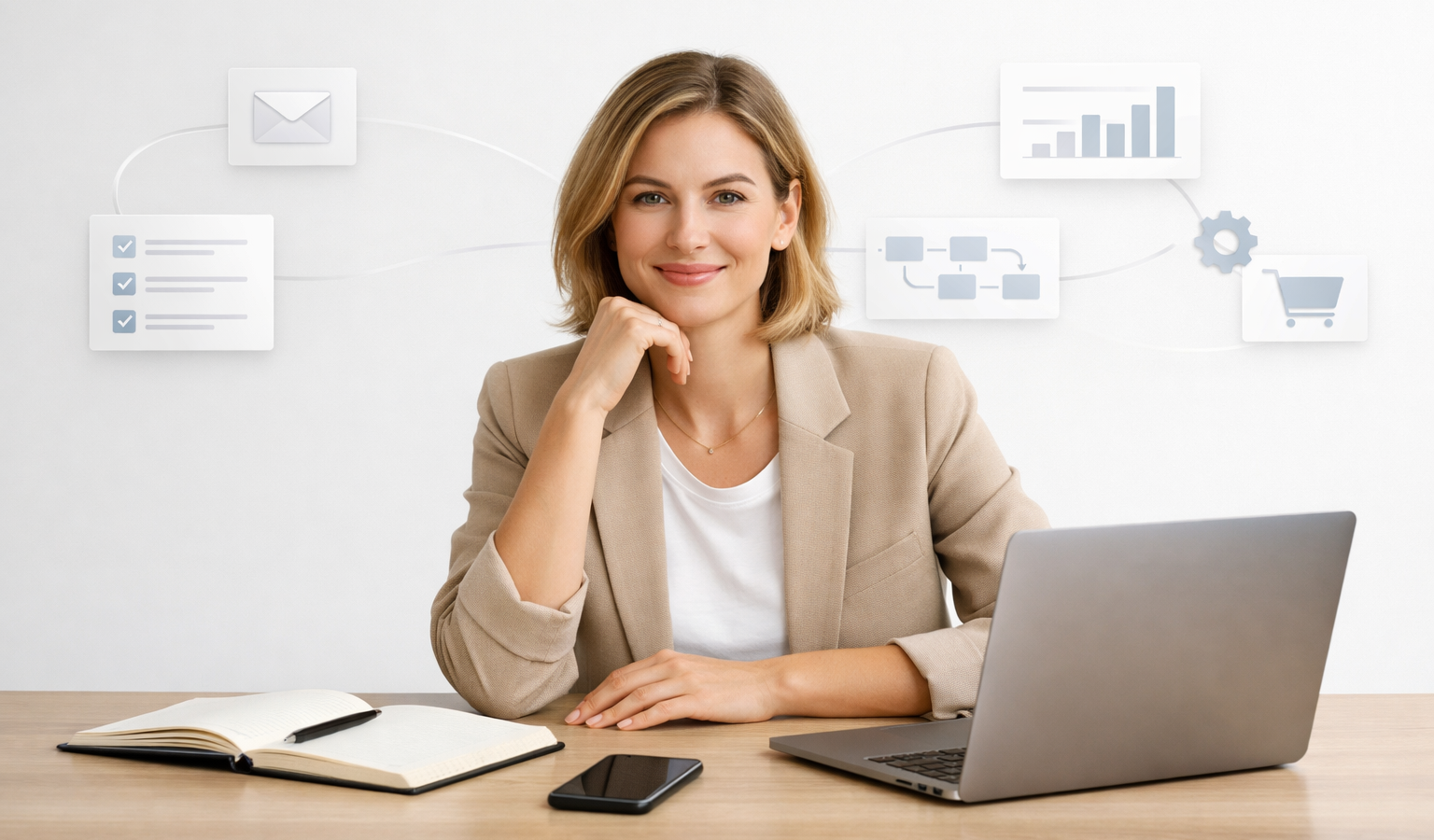A modern, minimal desk scene showing a small business owner working with subtle automation workflow visuals in the background.
