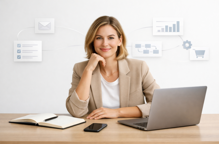A modern, minimal desk scene showing a small business owner working with subtle automation workflow visuals in the background.