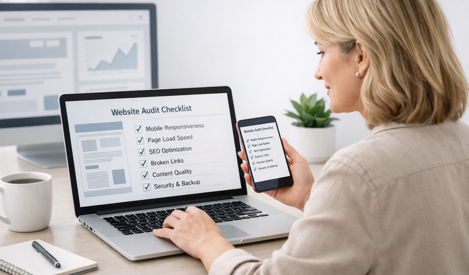 A small business owner reviewing a website audit checklist on a laptop and phone in a clean modern workspace.