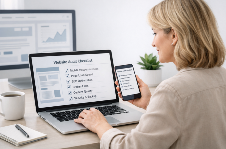 A small business owner reviewing a website audit checklist on a laptop and phone in a clean modern workspace.