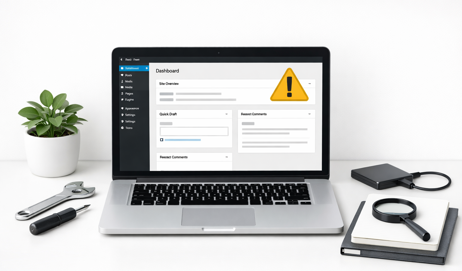 Modern minimal hero image of a laptop with a WordPress-style dashboard and subtle troubleshooting elements on a clean background.