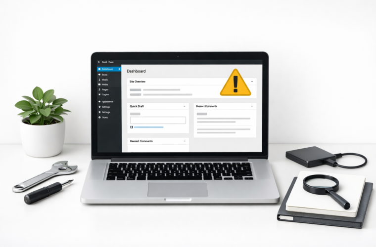 Modern minimal hero image of a laptop with a WordPress-style dashboard and subtle troubleshooting elements on a clean background.