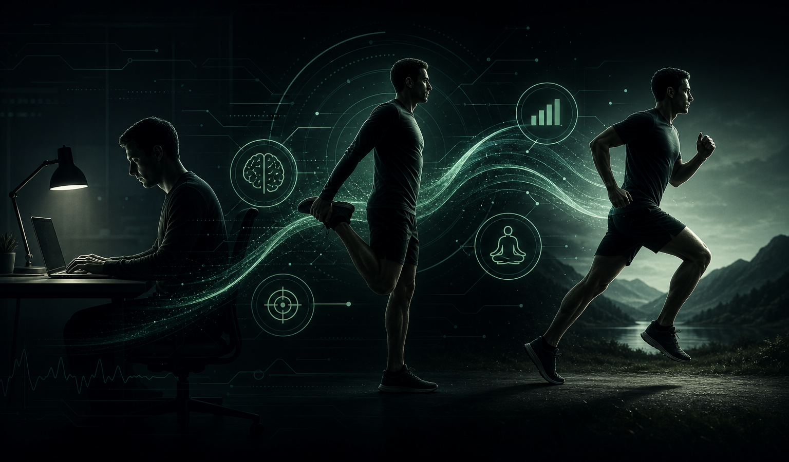 Abstract illustration of movement, focus, and deep work with a person training body and mind