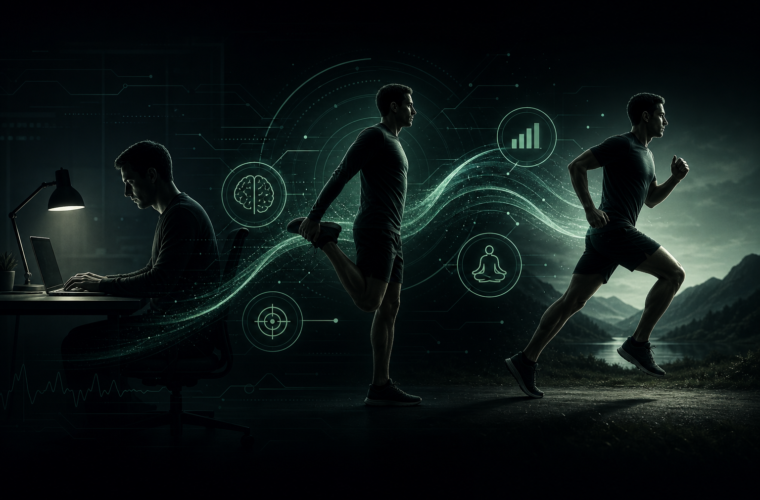Abstract illustration of movement, focus, and deep work with a person training body and mind