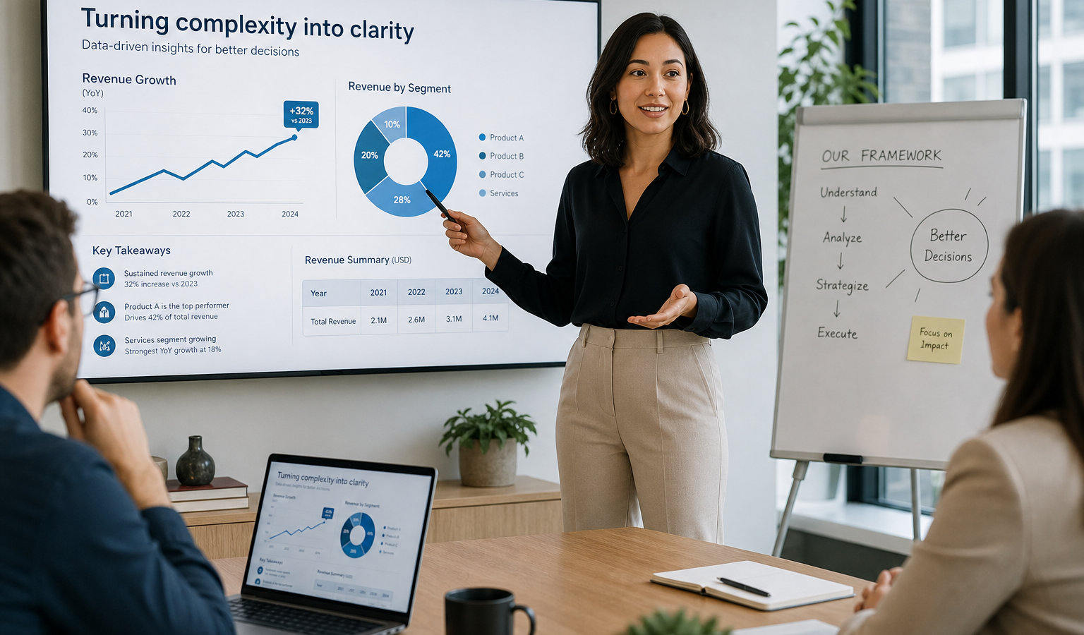 Professional explaining complex concepts with visual aids in a modern office, symbolizing clear and effective communication.