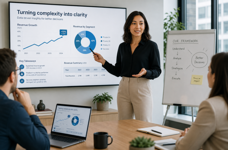 Professional explaining complex concepts with visual aids in a modern office, symbolizing clear and effective communication.