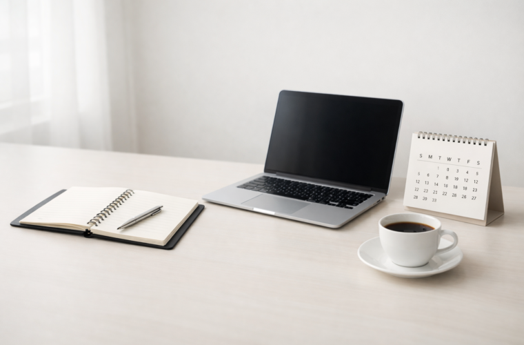 A clean, minimal workspace with a laptop, notebook, and calendar arranged neatly on a desk.
