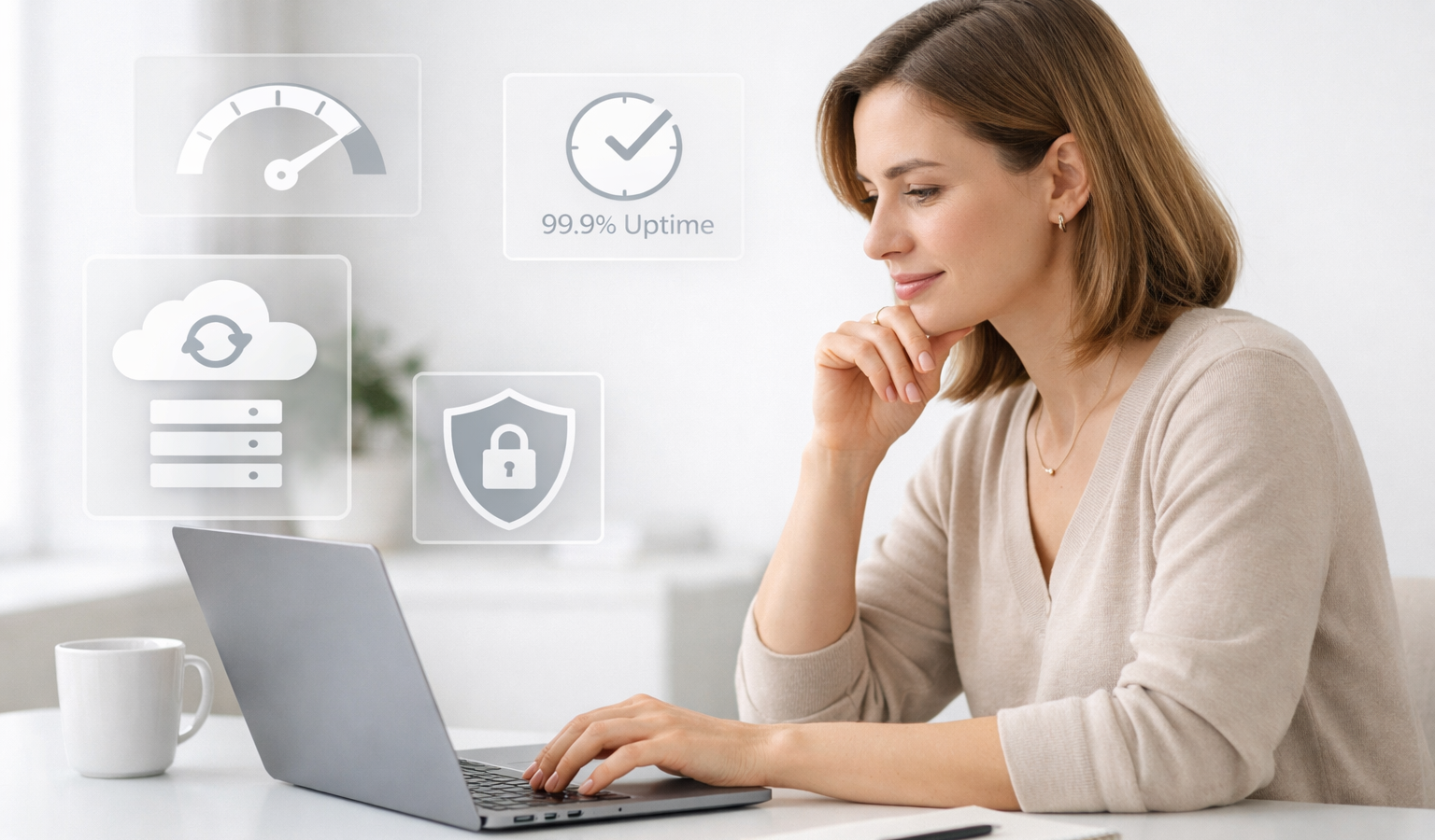 A small business owner reviewing website hosting options on a laptop in a clean, modern workspace.