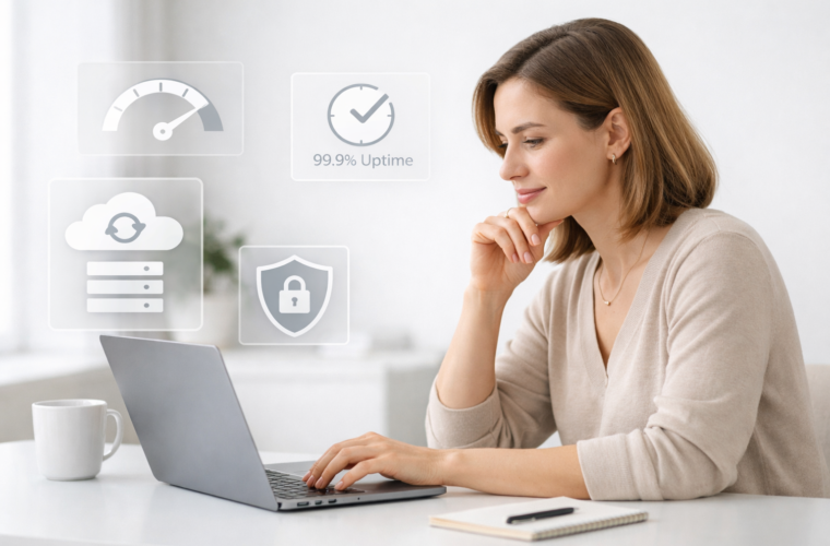 A small business owner reviewing website hosting options on a laptop in a clean, modern workspace.
