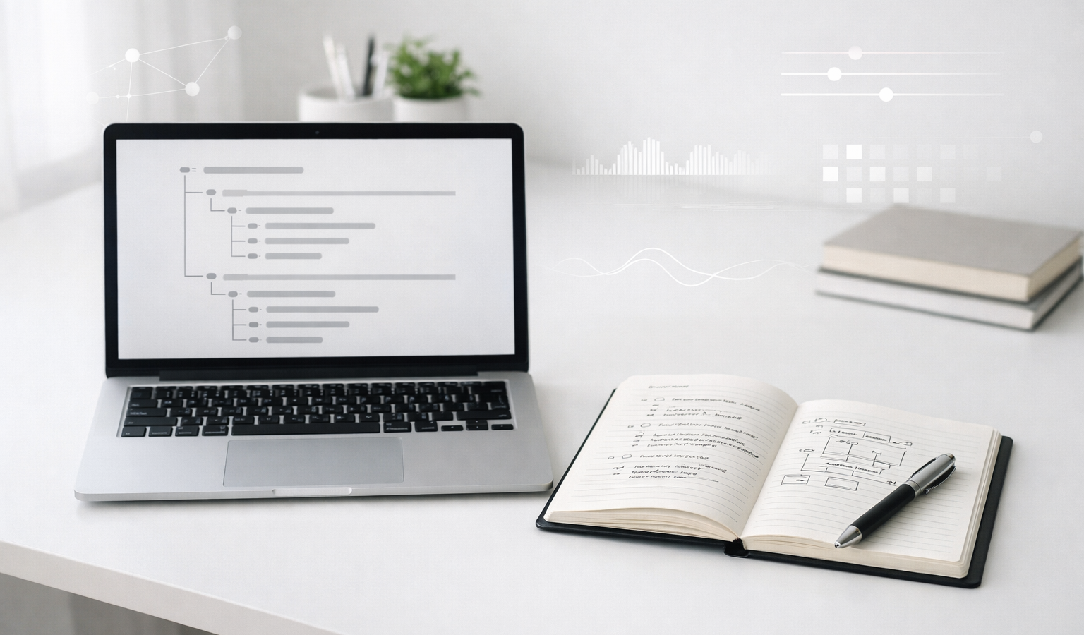 Minimal editorial workspace with a laptop and notes representing AI-assisted article outlining.