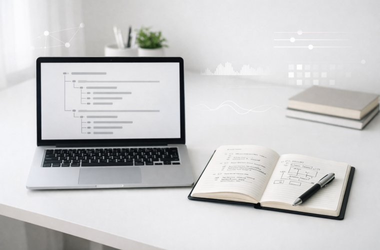 Minimal editorial workspace with a laptop and notes representing AI-assisted article outlining.