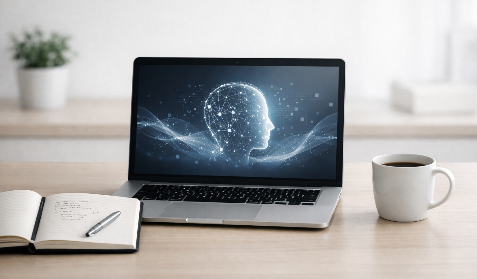 Minimal professional workspace with a laptop and notebook representing simple AI prompt writing.
