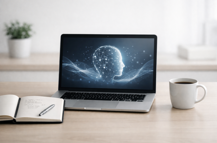 Minimal professional workspace with a laptop and notebook representing simple AI prompt writing.