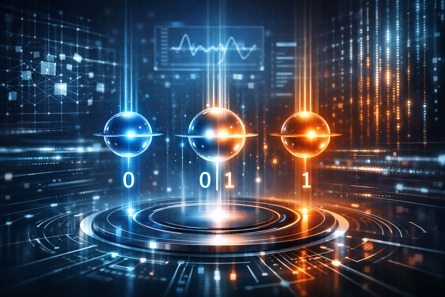 Modern editorial hero image of a quantum computer interface with glowing qubits and digital data streams.